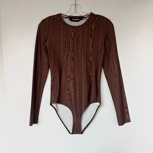 Melitta Baumeister brown wood texture spandex long sleeve bodysuit top